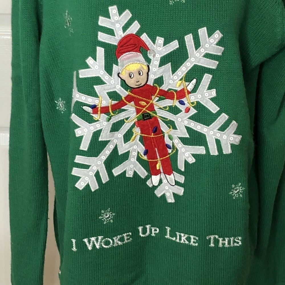 Cute Ugly Christmas Sweater Elf Tied To Snowflake w/ Lights Women's X L